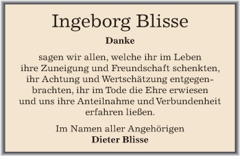 Traueranzeige von Ingeborg Blisse von Mitteldeutsche Zeitung Aschersleben