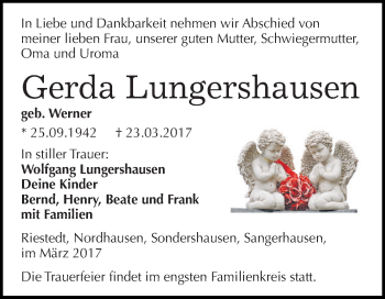 Traueranzeige von Gerda Lungershausen von Super Sonntag SGH Mansf. Land