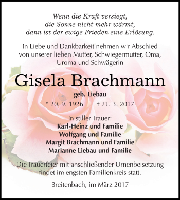 Traueranzeige von Gisela Brachmann von Super Sonntag SGH Mansf. Land