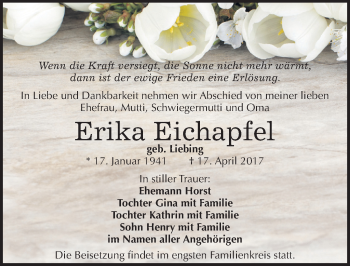 Traueranzeige von Erika Eichapfel von Mitteldeutsche Zeitung Halle/Saalkreis