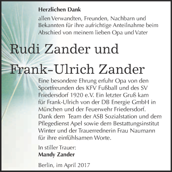 Traueranzeige von Rudi und Frank-Ulrich Zander von WVG - Wochenspiegel Bitterfeld