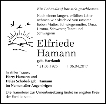 Traueranzeige von Elfriede Hamann von Mitteldeutsche Zeitung Mansfelder Land