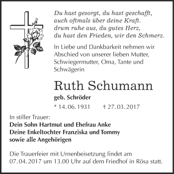Traueranzeige von Ruth Schumann von WVG - Wochenspiegel Bitterfeld