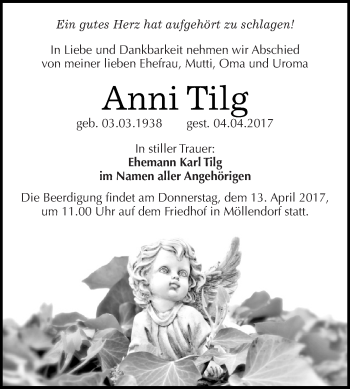 Traueranzeige von Anni Tilg von Super Sonntag SGH Mansf. Land