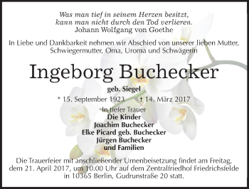 Traueranzeige von Ingeborg Buchecker von Mitteldeutsche Zeitung Bitterfeld