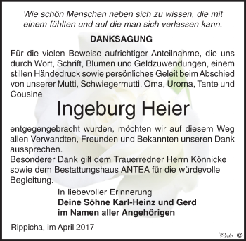 Traueranzeige von Ingeburg Heier von Mitteldeutsche Zeitung Zeitz