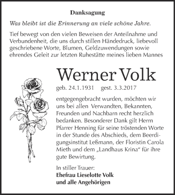 Traueranzeige von Werner Volk von WVG - Wochenspiegel Bitterfeld