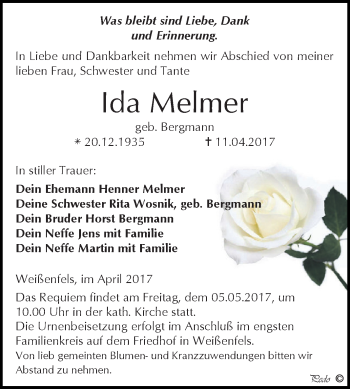 Traueranzeige von Ida Melmer von WVG - Wochenspiegel NMB / WSF / ZTZ
