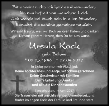 Traueranzeige von Ursula Kock von Mitteldeutsche Zeitung Sangerhausen