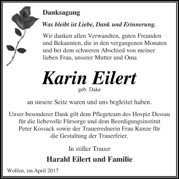 Traueranzeige von Karin Eilert von WVG - Wochenspiegel Dessau / Köthen