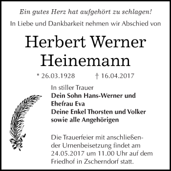 Traueranzeige von Herbert Werner Heinemann von WVG - Wochenspiegel Bitterfeld