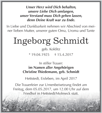 Traueranzeige von Ingeborg Schmidt von Super Sonntag SGH Mansf. Land