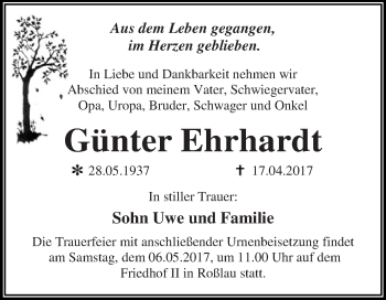 Traueranzeige von Günter Ehrhardt von WVG - Wochenspiegel Dessau / Köthen