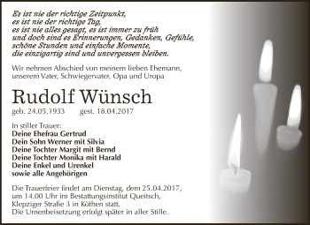 Traueranzeige von Rudolf Wünsch von WVG - Wochenspiegel Dessau / Köthen