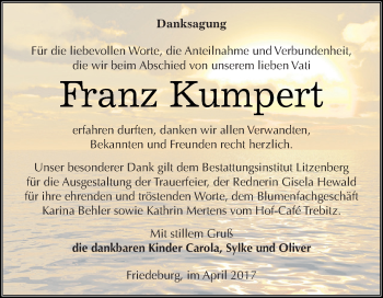 Traueranzeige von Franz Kumpert von Wochenspiegel Mansfelder Land