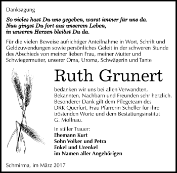 Traueranzeige von Ruth Grunert von Mitteldeutsche Zeitung Merseburg/Querfurt