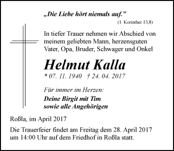 Traueranzeige von Helmut Kalla von Mitteldeutsche Zeitung Bitterfeld