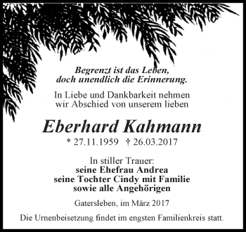 Traueranzeige von Eberhard Kahmann von Super Sonntag SGH Mansf. Land