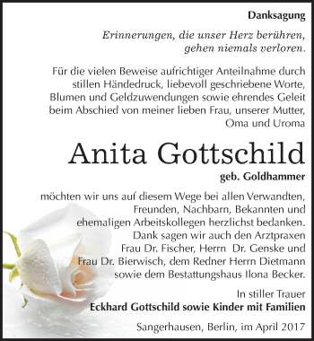 Traueranzeige von Anita Gottschild von Mitteldeutsche Zeitung Sangerhausen