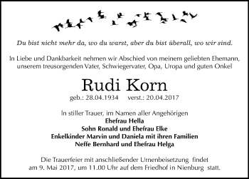 Traueranzeige von Rudi Korn von Mitteldeutsche Zeitung Bernburg