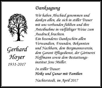 Traueranzeige von Gerhard Hoyer von Mitteldeutsche Zeitung Aschersleben