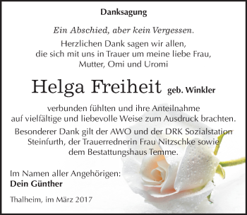 Traueranzeige von Helga Freiheit von Mitteldeutsche Zeitung Bitterfeld