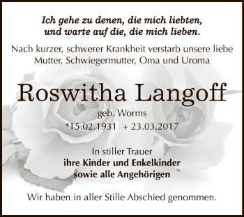 Traueranzeige von Roswitha Langoff von Super Sonntag Zeitz