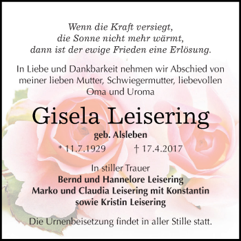 Traueranzeige von Gisela Leisering von WVG - Wochenspiegel Dessau / Köthen