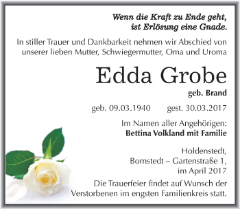 Traueranzeige von Edda Grobe von Mitteldeutsche Zeitung Sangerhausen