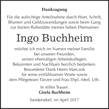 Traueranzeige von Ingo Buchheim von WVG - Wochenspiegel Bitterfeld