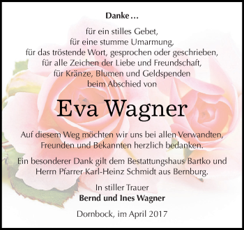 Traueranzeige von Eva Wagner von WVG - Wochenspiegel Dessau / Köthen