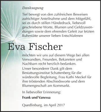 Traueranzeige von Eva Fischer von Super Sonntag Quedlinburg
