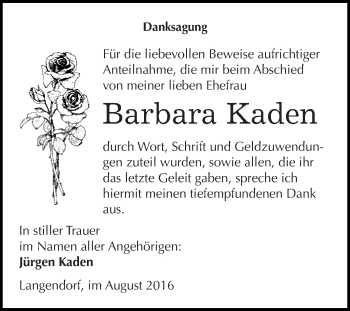 Traueranzeige von Barbara Kaden von Mitteldeutsche Zeitung Wittenberg