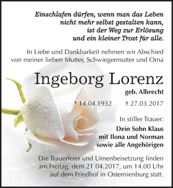 Traueranzeige von Ingeborg Lorenz von Mitteldeutsche Zeitung Köthen