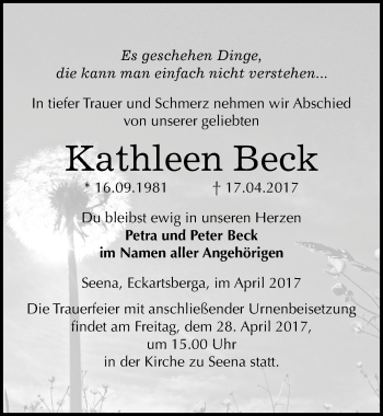 Traueranzeige von Kathleen Beck von Mitteldeutsche Zeitung Naumburg/Nebra
