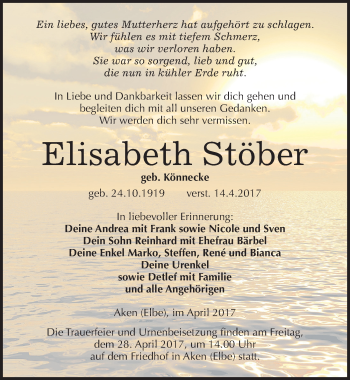 Traueranzeige von Elisabeth Stöber von Mitteldeutsche Zeitung Köthen