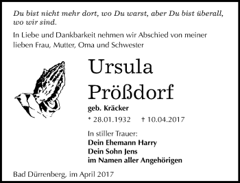 Traueranzeige von Ursula Prößdorf von Mitteldeutsche Zeitung Merseburg/Querfurt