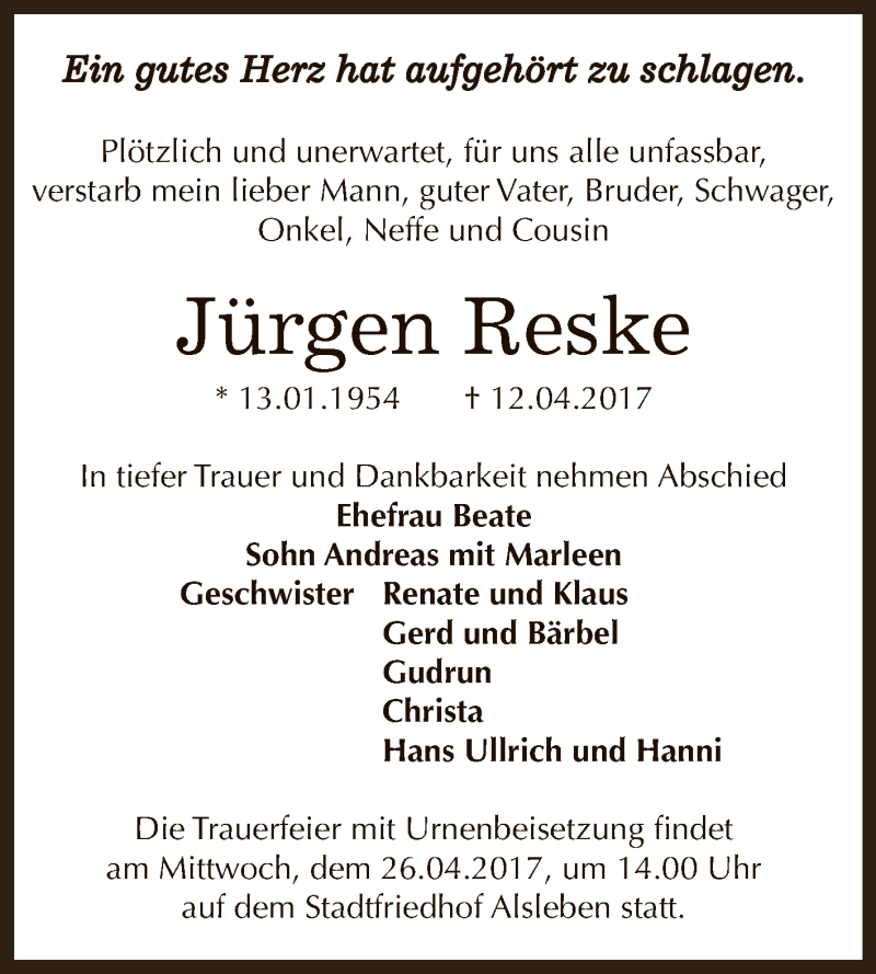  Traueranzeige für Jürgen Reske vom 22.04.2017 aus Super Sonntag Bernburg