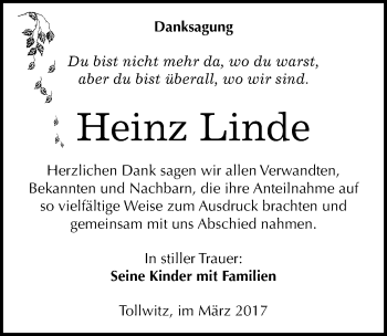 Traueranzeige von Heinz Linde von Mitteldeutsche Zeitung Merseburg/Querfurt