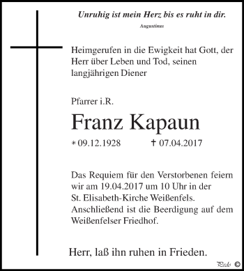 Traueranzeige von Franz Kapaun von WVG - Wochenspiegel NMB / WSF / ZTZ