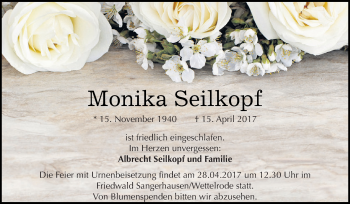 Traueranzeige von Monika Seilkopf von Super Sonntag SGH Mansf. Land