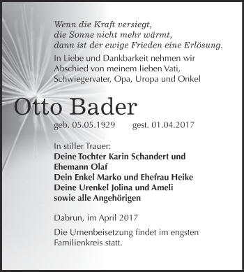 Traueranzeige von Otto Bader von Super Sonntag Wittenberg