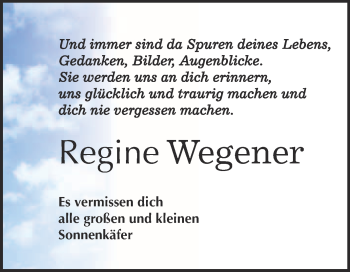 Traueranzeige von Regine Wegener von WVG - Wochenspiegel Bitterfeld