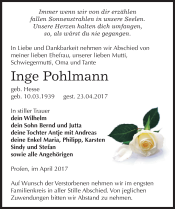 Traueranzeige von Inge Pohlmann von Mitteldeutsche Zeitung Zeitz
