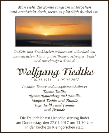 Traueranzeige von Manfred Tiedtke von WVG - Wochenspiegel NMB / WSF / ZTZ