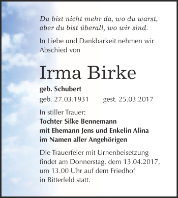 Traueranzeige von Irma Birke von WVG - Wochenspiegel Bitterfeld
