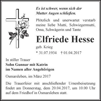 Traueranzeige von Elfriede Hesse von Super Sonntag Bernburg