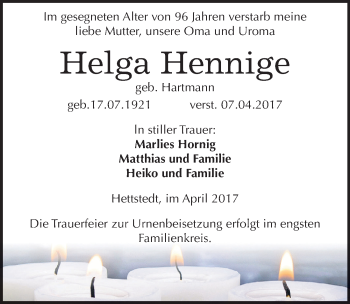 Traueranzeige von Helga Hennige von Mitteldeutsche Zeitung Mansfelder Land