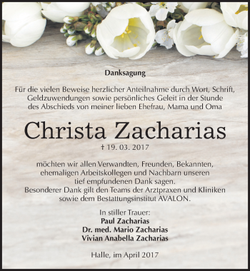 Traueranzeige von Christa Zacharias von Mitteldeutsche Zeitung Halle/Saalkreis