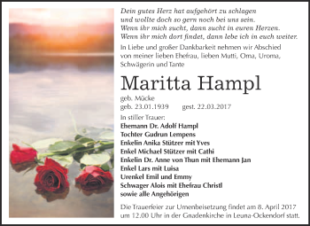 Traueranzeige von Maritta Hampl von Super Sonntag Halle